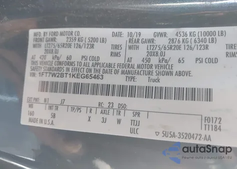 2019 Ford F-250 Lariat z USA, uszkodzony, nr VIN 1FT7W2BT1KEG65463